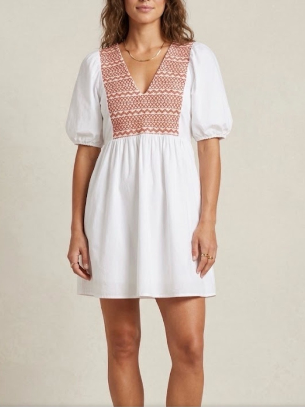 Madewell White Dress/Tunic with Rust Embroidered V-Neck
